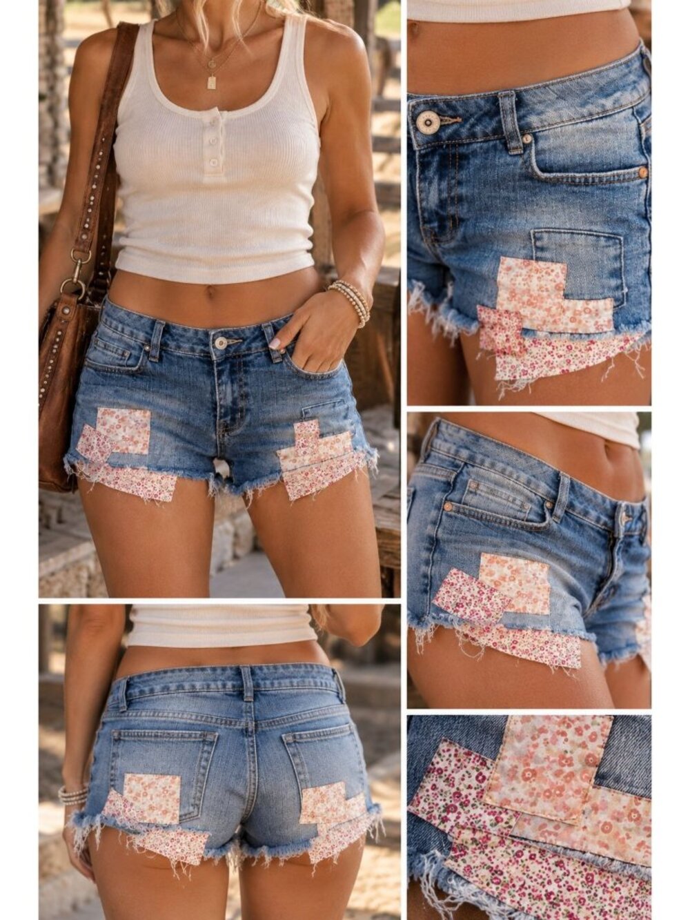 L.E.I. Juniors Ashley Lowrise Y2K Denim Shorts Floral Patchwork Size 5